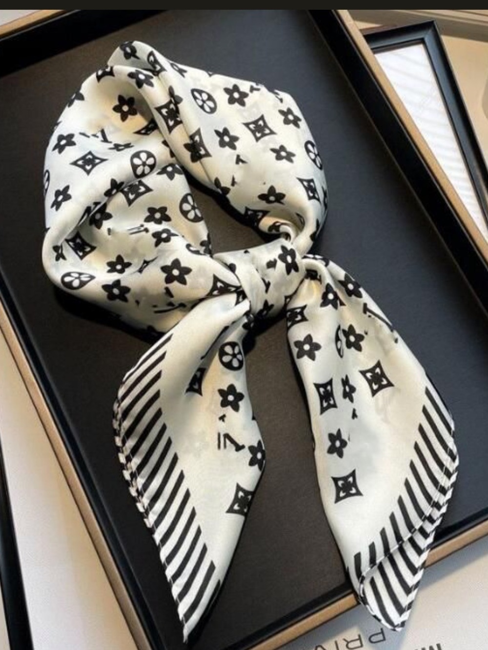 ShopEvelynne Black & White Monogram Silk-Feel Neck Scarf